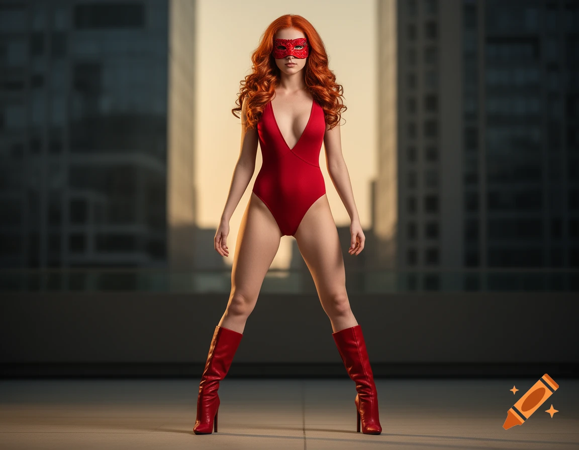 Red-haired woman in a red leotard, red mask, and red stiletto boots posing in a city setting.
