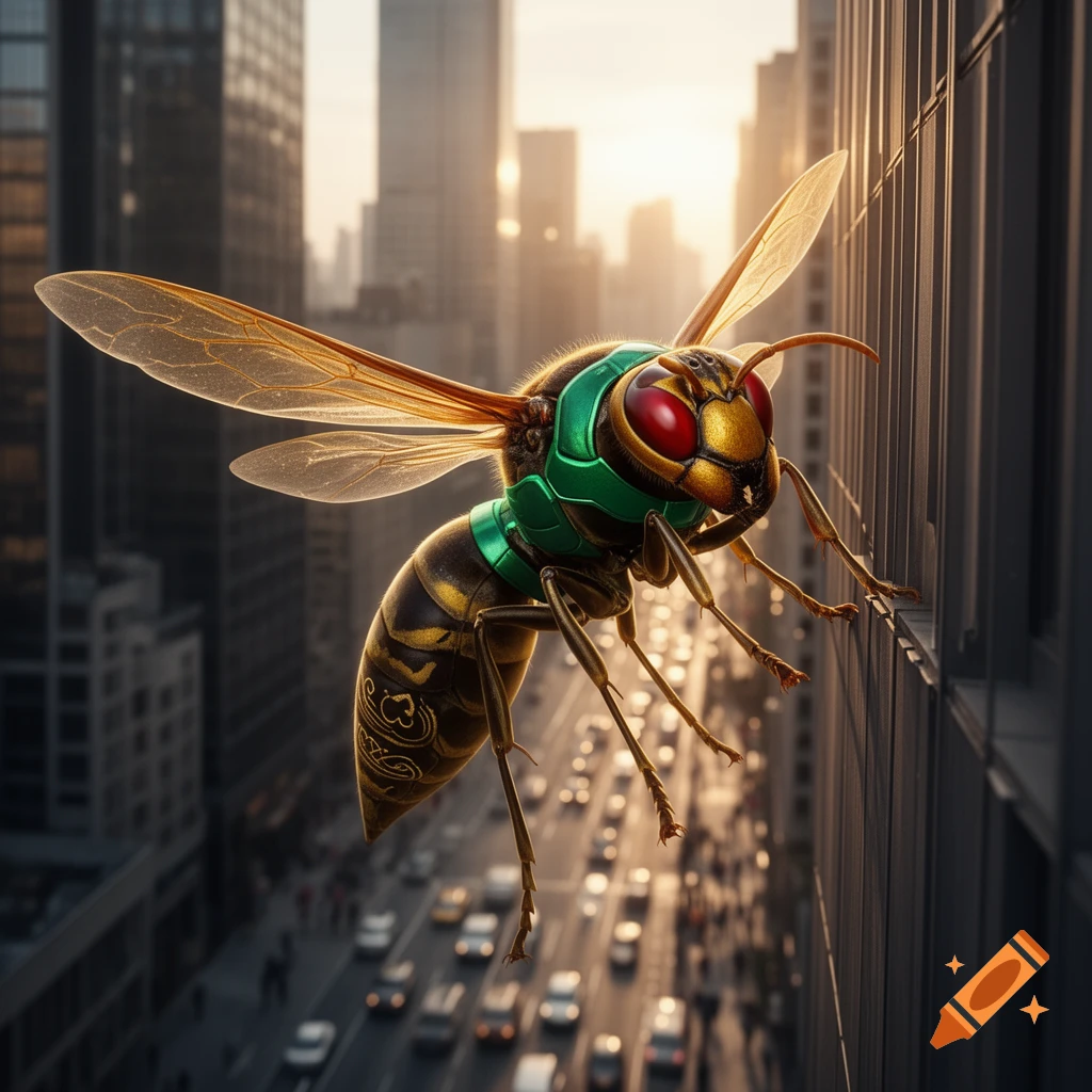 A giant superhero wasp with green and gold armor clings to a skyscraper, looking over a bustling city street at sunset.