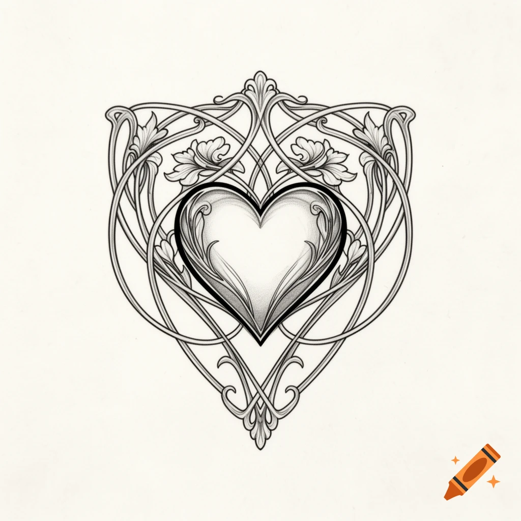 An ornate black and white Art Nouveau style heart design with swirling botanical elements.