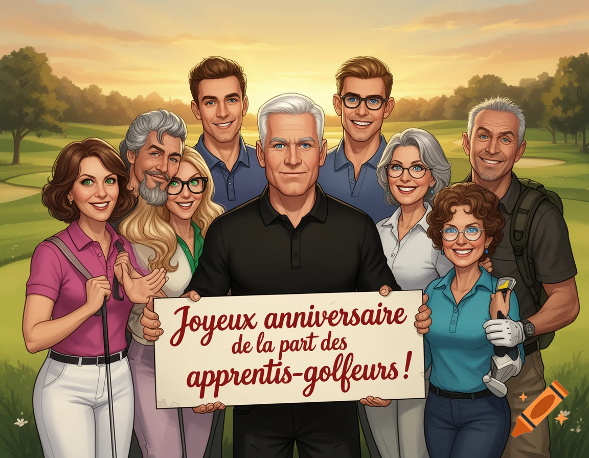 A diverse group of nine smiling people in golf attire, some holding golf clubs, standing on a golf course at sunset and holding a sign that reads "Happy Birthday from the Apprentice Golfers!" in French.