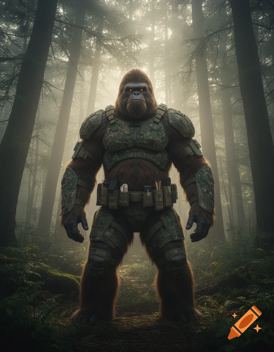 A photorealistic bigfoot-like creature wearing tactical camouflage armor and gear stands in a misty, dark forest.
