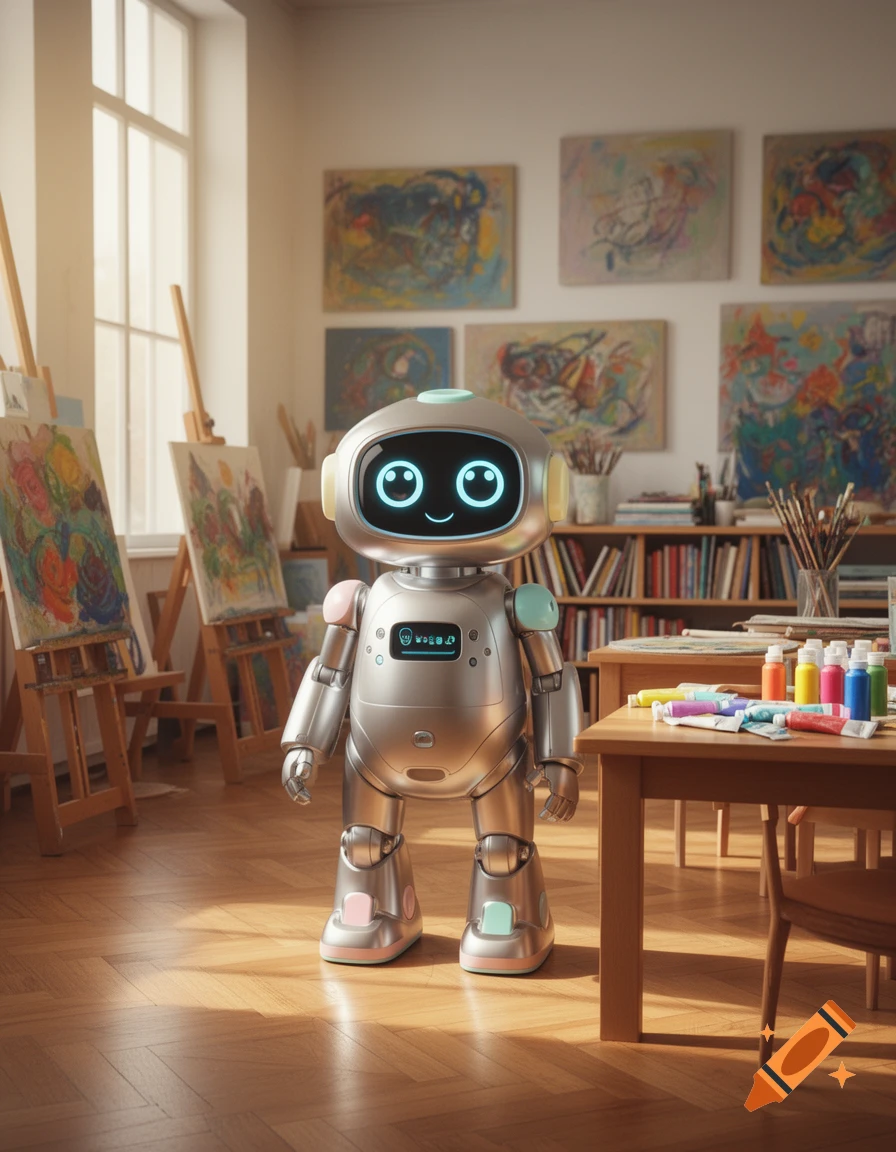 A cute, shiny silver robot with a glowing blue face stands in a brightly lit art studio, surrounded by easels, abstract paintings, and art supplies.
