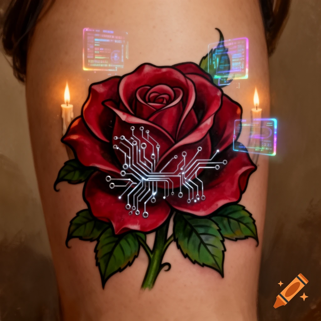 A traditional American tattoo-style red rose on skin, adorned with a glowing circuit board pattern and surrounded by holographic data panels and two lit candles.
