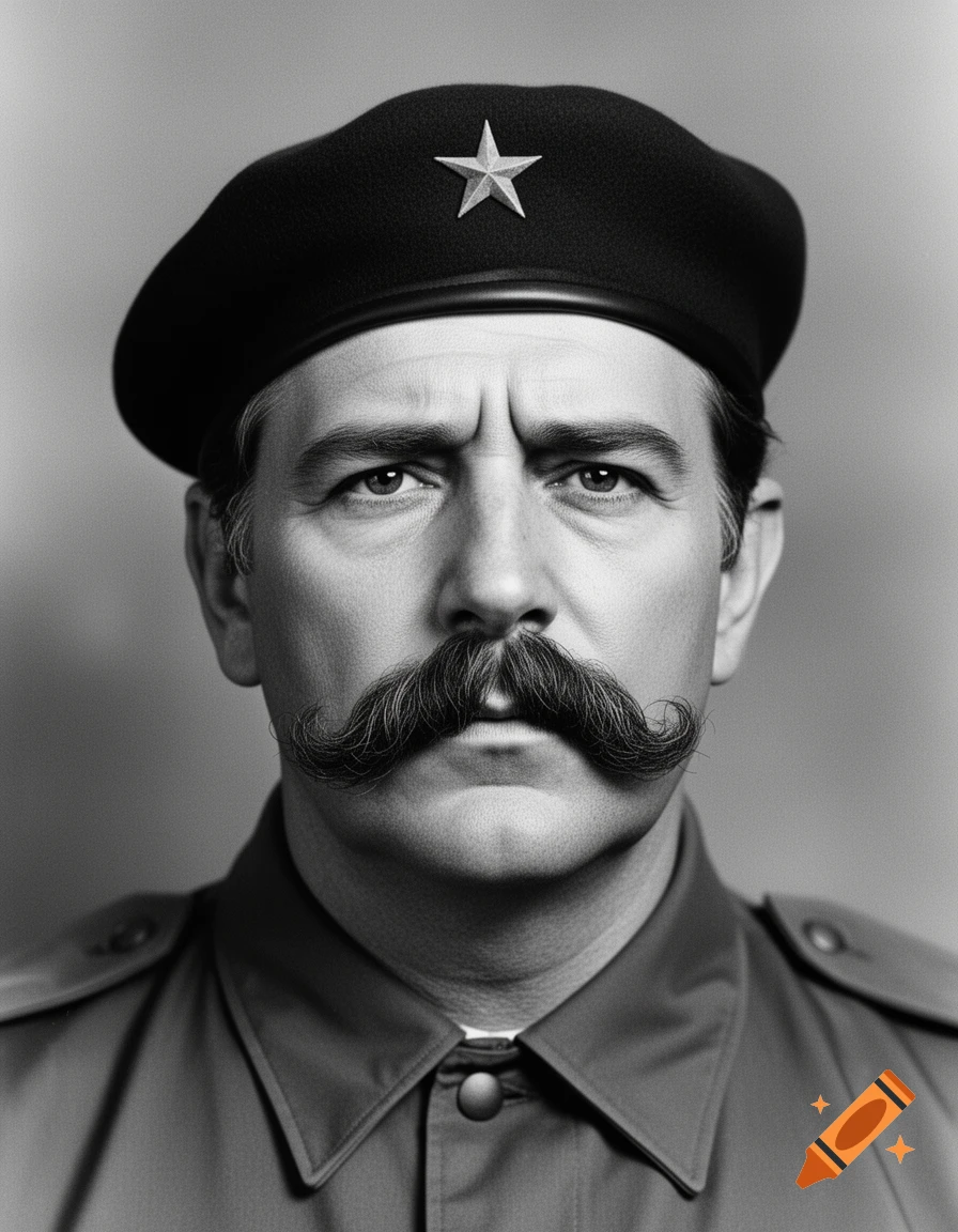 Black and white portrait of a man with a large mustache wearing a military uniform and a beret with a star.