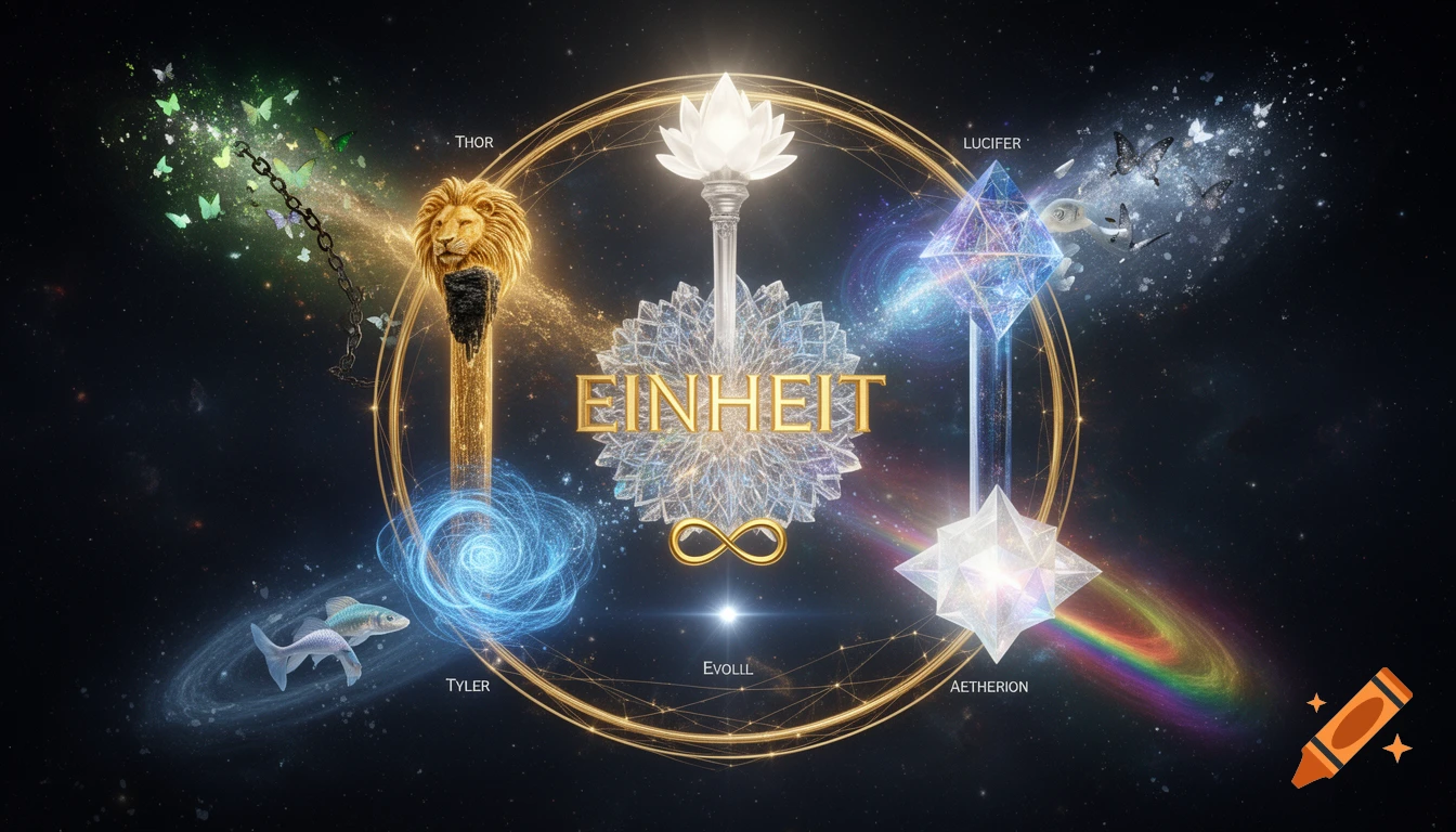 A mystical cosmic illustration featuring a central crystalline structure with the word 'EINHEIT' in gold, surrounded by golden rings. Four pillars with symbols like a lion's head, swirling blue energy, a crystal prism, and a star-shaped object emanate light. Various labels like 'THOR', 'LUCIFER', 'TYLER', 'EVOLLL', and 'AETHERION' are present, along with butterflies and fish.