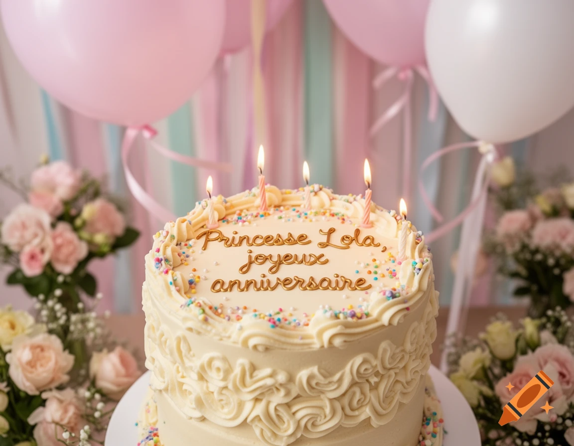 A photorealistic image of a white birthday cake with "Princesse Lola, joyeux anniversaire" in gold lettering, surrounded by sprinkles and lit candles. Pink and white balloons and flowers decorate the background.