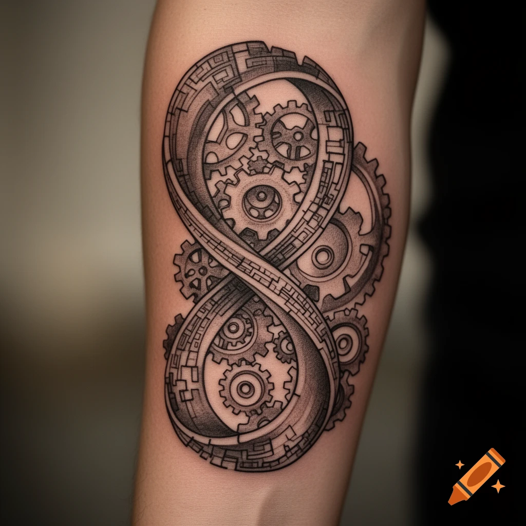 A detailed tattoo of an infinity symbol made of gears and circuit-like patterns on a person's arm.
