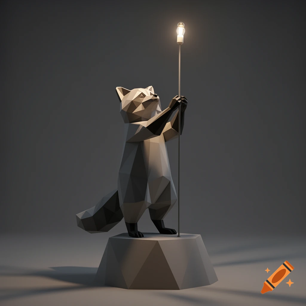 A grey low-poly raccoon statue stands on a geometric pedestal, holding an illuminated filament light bulb upwards.
