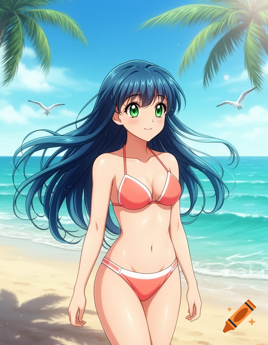 An anime girl with long blue hair and green eyes walks on a sunny beach, wearing a coral pink bikini, with palm trees and seagulls in the background.