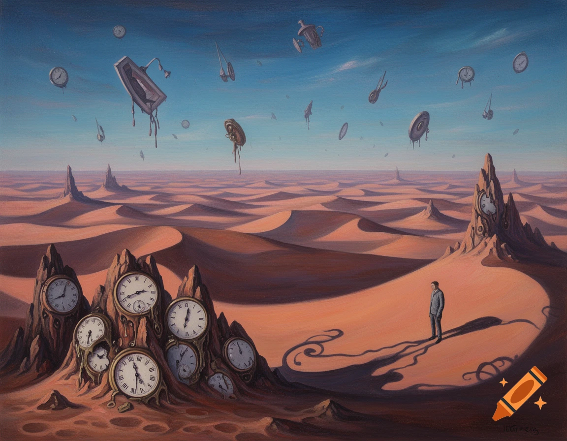 A surreal oil painting depicts melting clocks embedded in a desert landscape with a lone figure and floating objects under a blue sky.