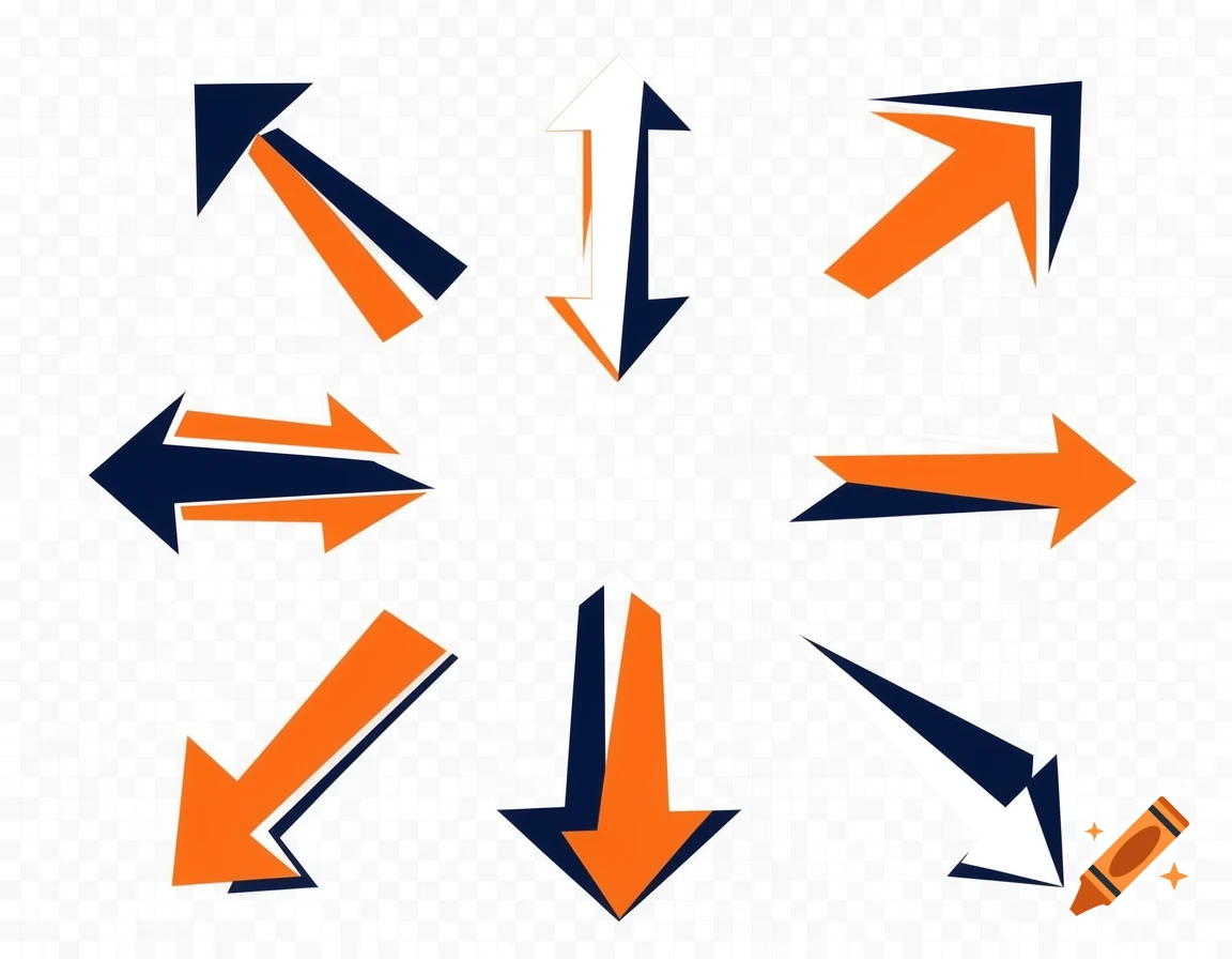 Multiple orange and dark blue arrows pointing in various directions on a transparent background.