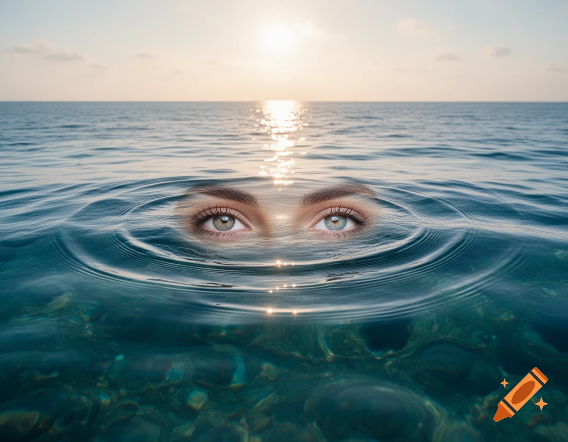 A pair of human eyes emerging from calm ocean water with ripples at sunset, clear water showing rocks below.