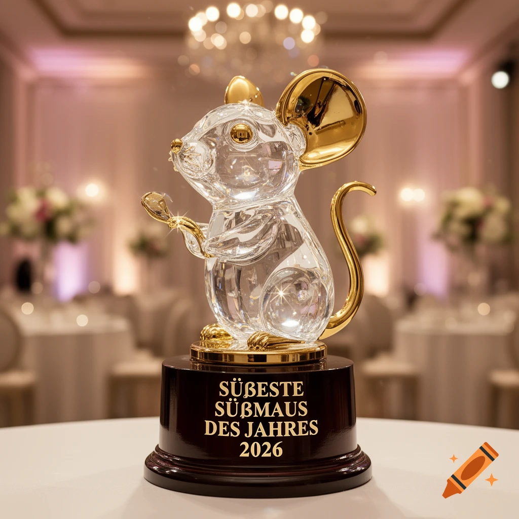 A sparkling crystal mouse trophy with gold ears, paws, and tail stands on a dark wooden base inscribed 'SÜßESTE SÜßMAUS DES JAHRES 2026' in a formal setting.