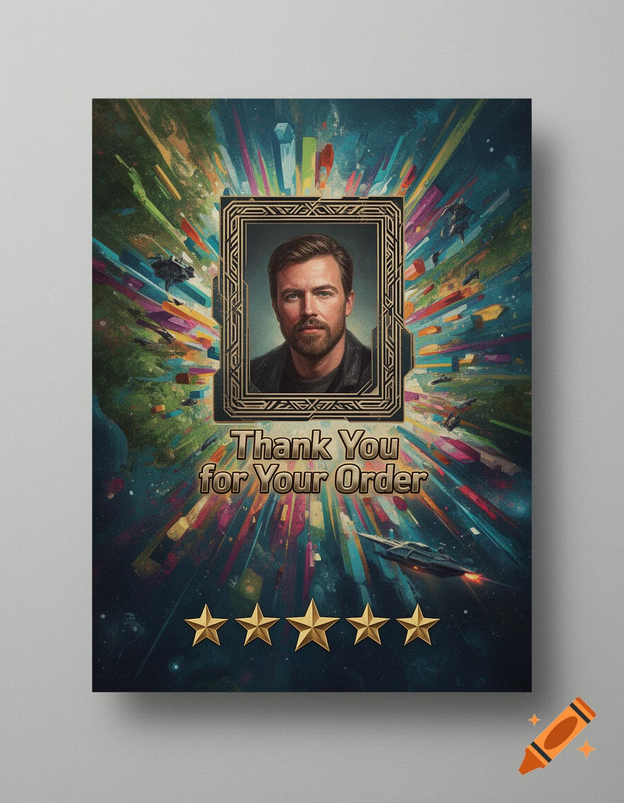 Sci-fi poster with a bearded man's portrait, 'Thank You for Your Order' text, and five stars against a colorful cosmic background.