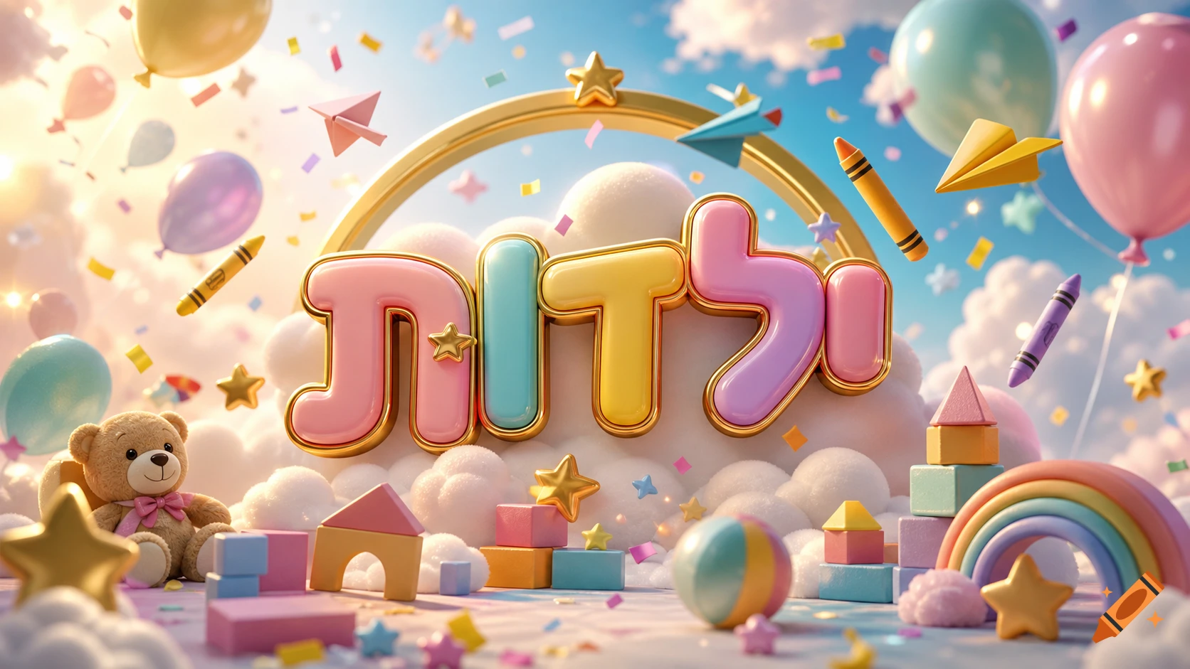 A whimsical 3D illustration of the Hebrew word "ילדות" in colorful letters, surrounded by balloons, confetti, crayons, building blocks, a teddy bear, and clouds.