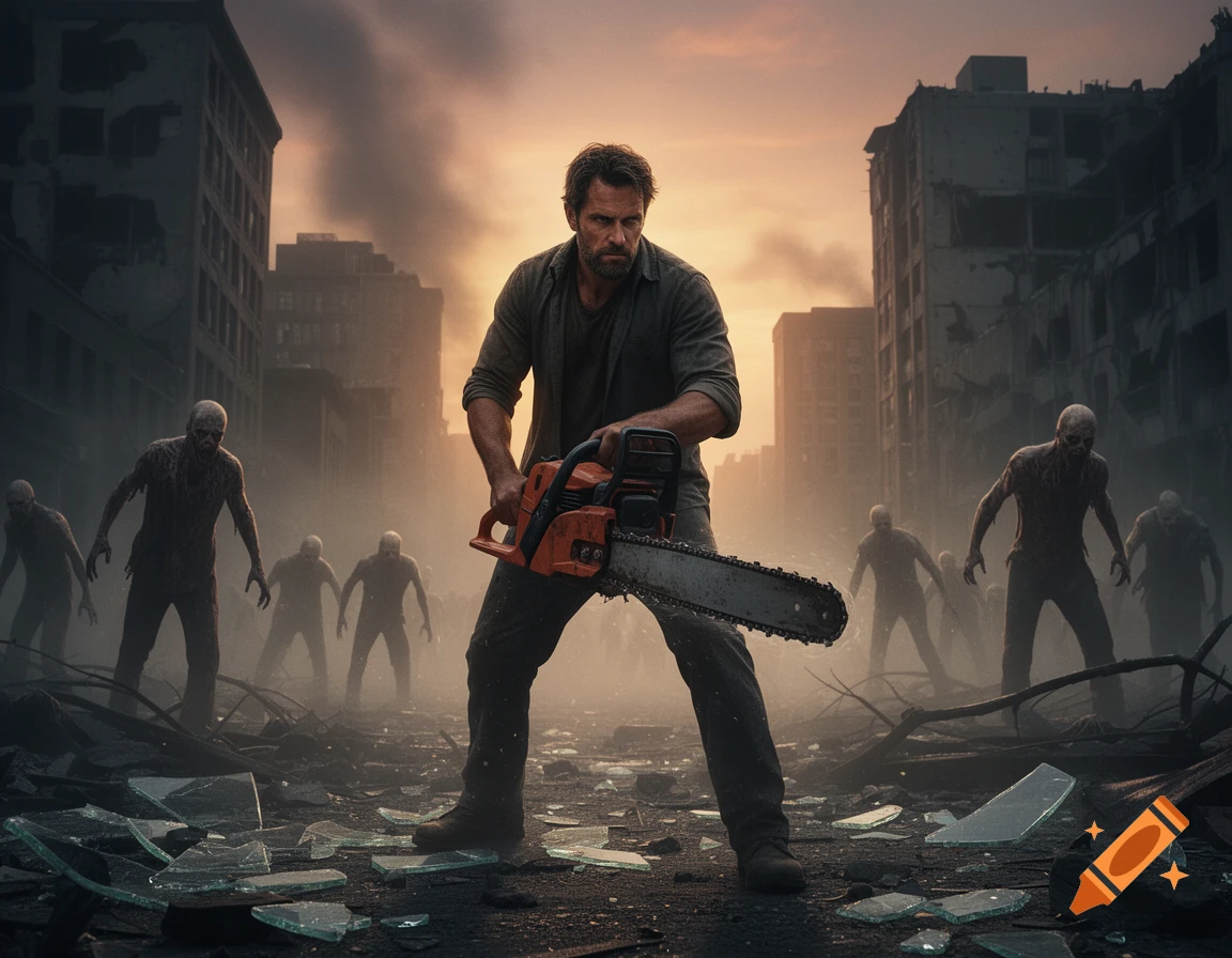 Photorealistic image of a man holding a chainsaw, standing amidst broken glass in a ruined city with zombies approaching under an orange, smoky sky.