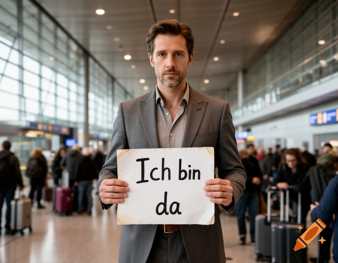 A man in a suit holds a sign that reads "Ich bin da" (I am here) in a busy airport terminal.