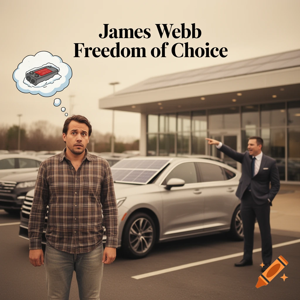 A confused man at a car dealership looks at the viewer, a salesman points to a car with solar panels. Text: James Webb Freedom of Choice.