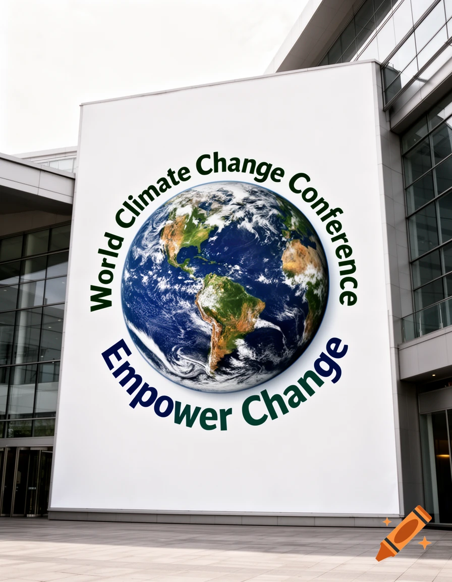 A large white banner on a modern building features a globe and text 'World Climate Change Conference Empower Change'.