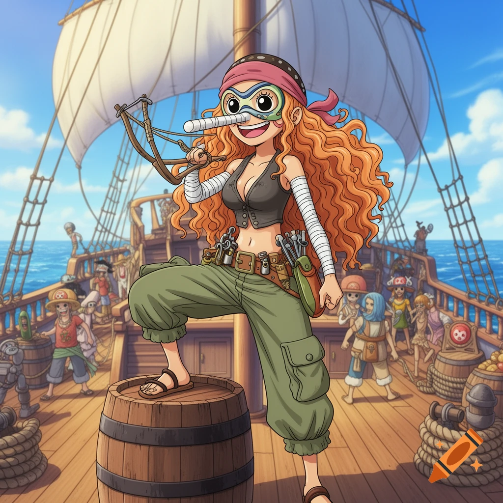 A red-haired female pirate character stands on a barrel on a ship deck, holding a slingshot, in a bright anime style.