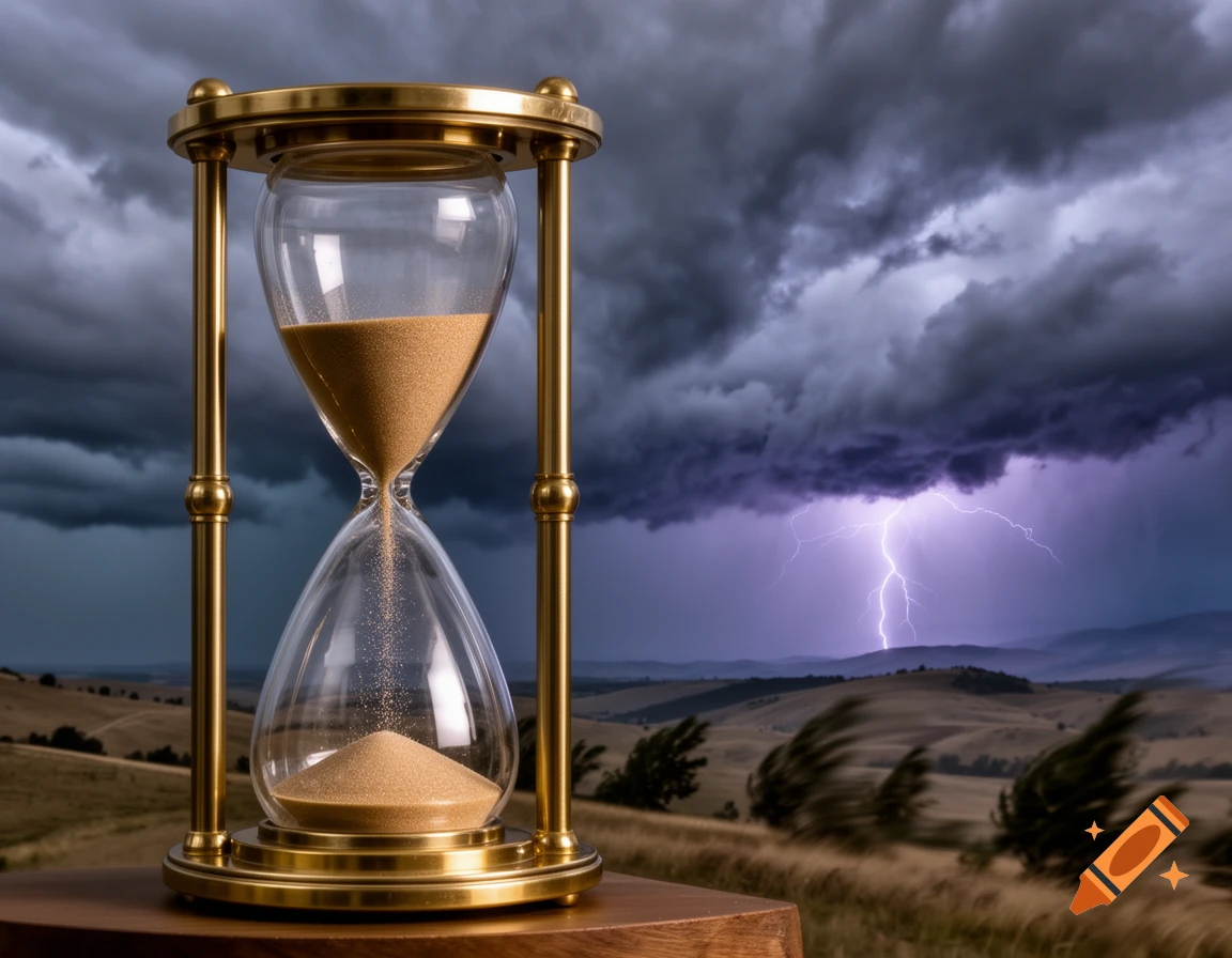 A golden hourglass with sand running out on a wooden surface, set against a dramatic stormy sky with lightning over a rolling, windswept landscape.