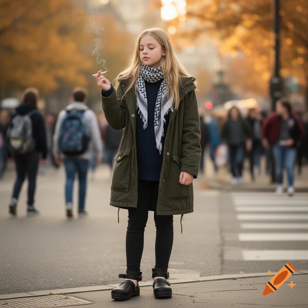 A young girl with long blonde hair, wearing an olive green parka, a dark blue sweater, and a patterned scarf, stands on a city street holding a lit cigarette.