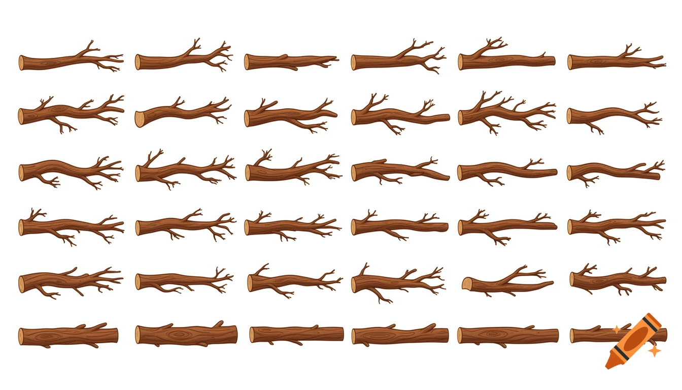 A sprite sheet displaying 36 cartoon-style tree branches with varying lengths and twigs, rendered in warm brown with flat cut ends.