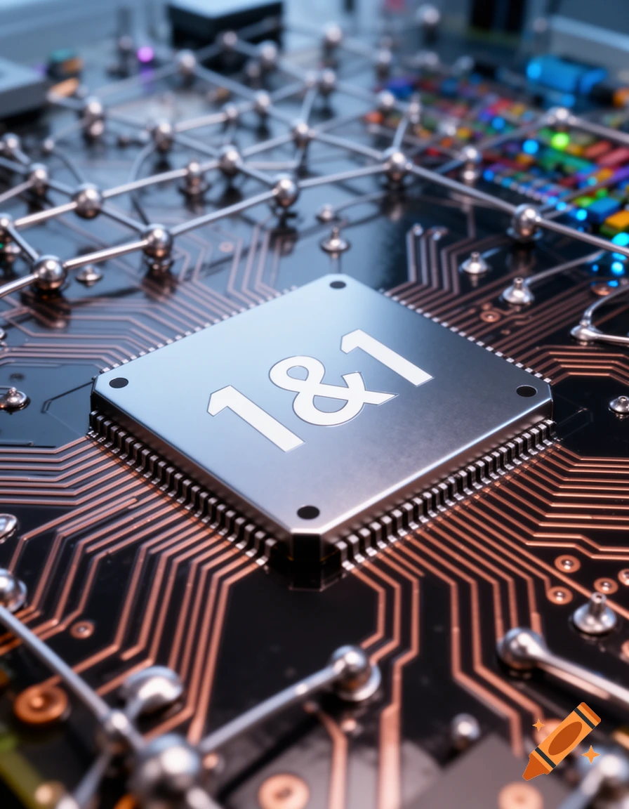 Close-up of a photorealistic computer chip with '1&1' text, surrounded by intricate copper circuit traces on a dark motherboard.