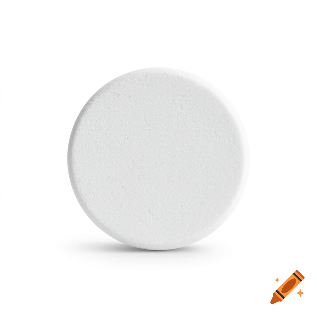 A white circular cleaning tablet with a slight shadow, isolated on a white background.