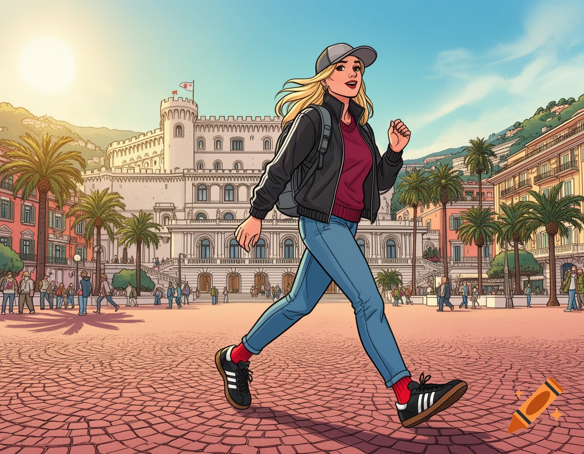 A blonde woman in comic style walks through a sunny city square towards a grand palace, with palm trees and buildings.