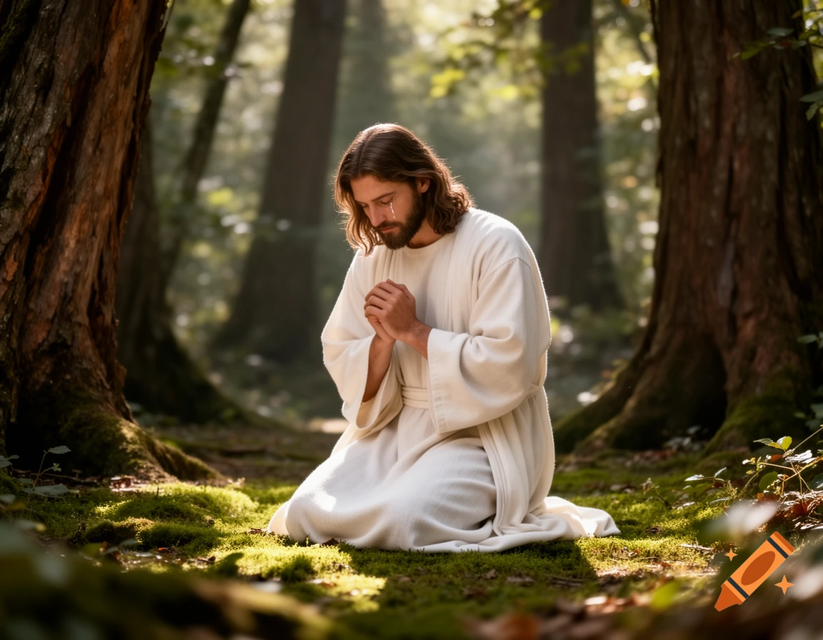 Photorealistic image of Jesus kneeling and praying in a sunlit forest, with tears visible on his face.