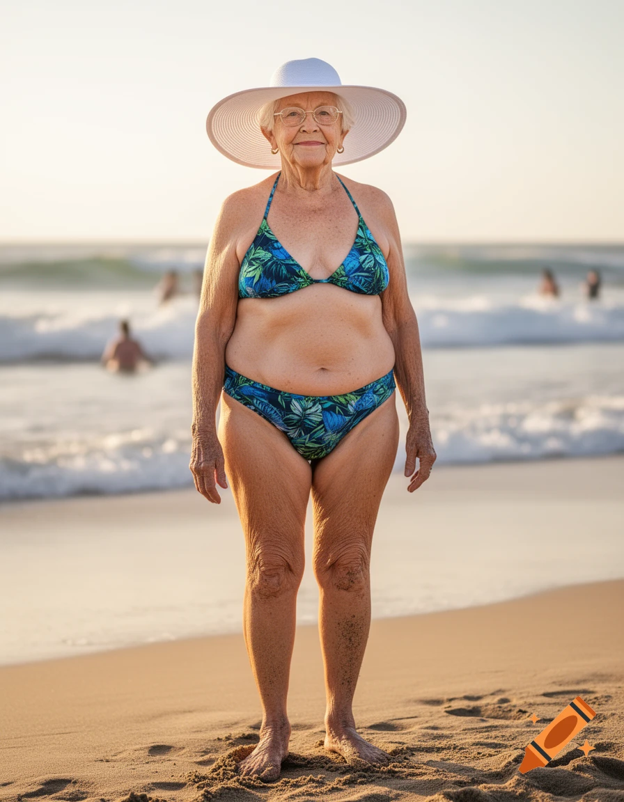 An elderly woman in a white sun hat and patterned bikini stands on a sandy beach at sunset.