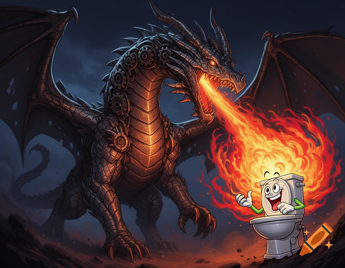 A fire-breathing mechanical dragon shoots flames at a smiling, anthropomorphic toilet giving a thumbs up in a dark landscape.