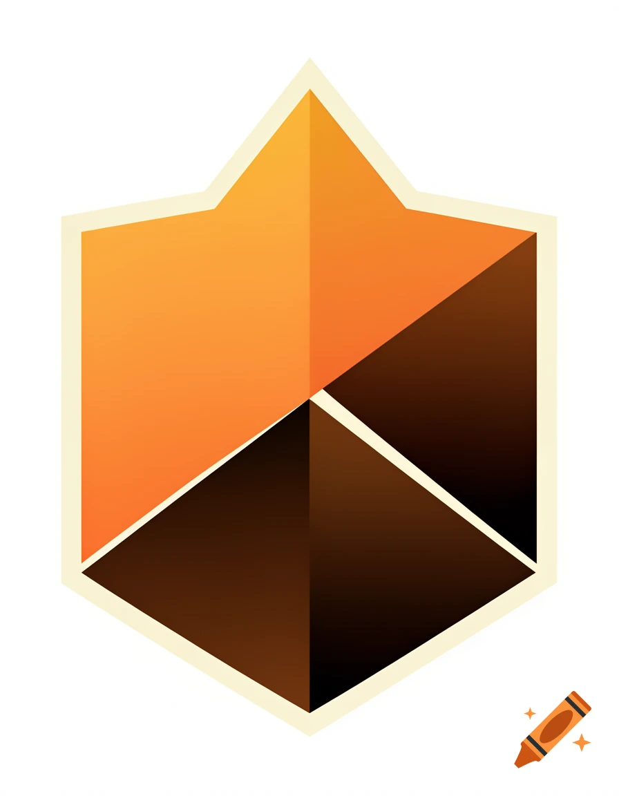 Abstract geometric logo in the shape of a shield with a peak, featuring orange-yellow and dark brown sections with gradients.