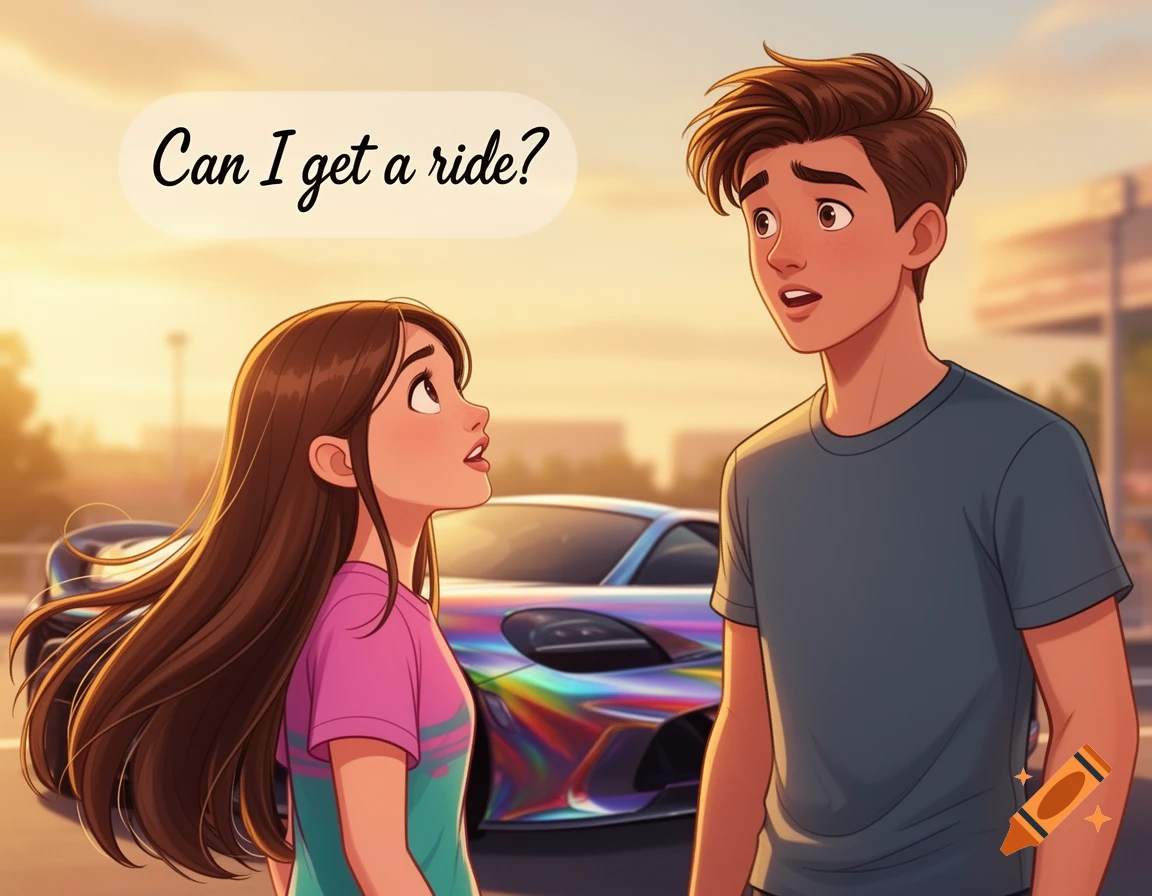 Animated girl with long brown hair asks a boy for a ride, standing beside a colorful sports car at sunset.