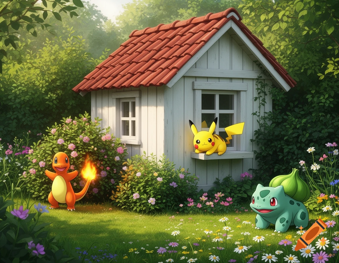 Charmander, Pikachu, and Bulbasaur near a small white house with a red roof in a vibrant garden full of flowers and greenery.