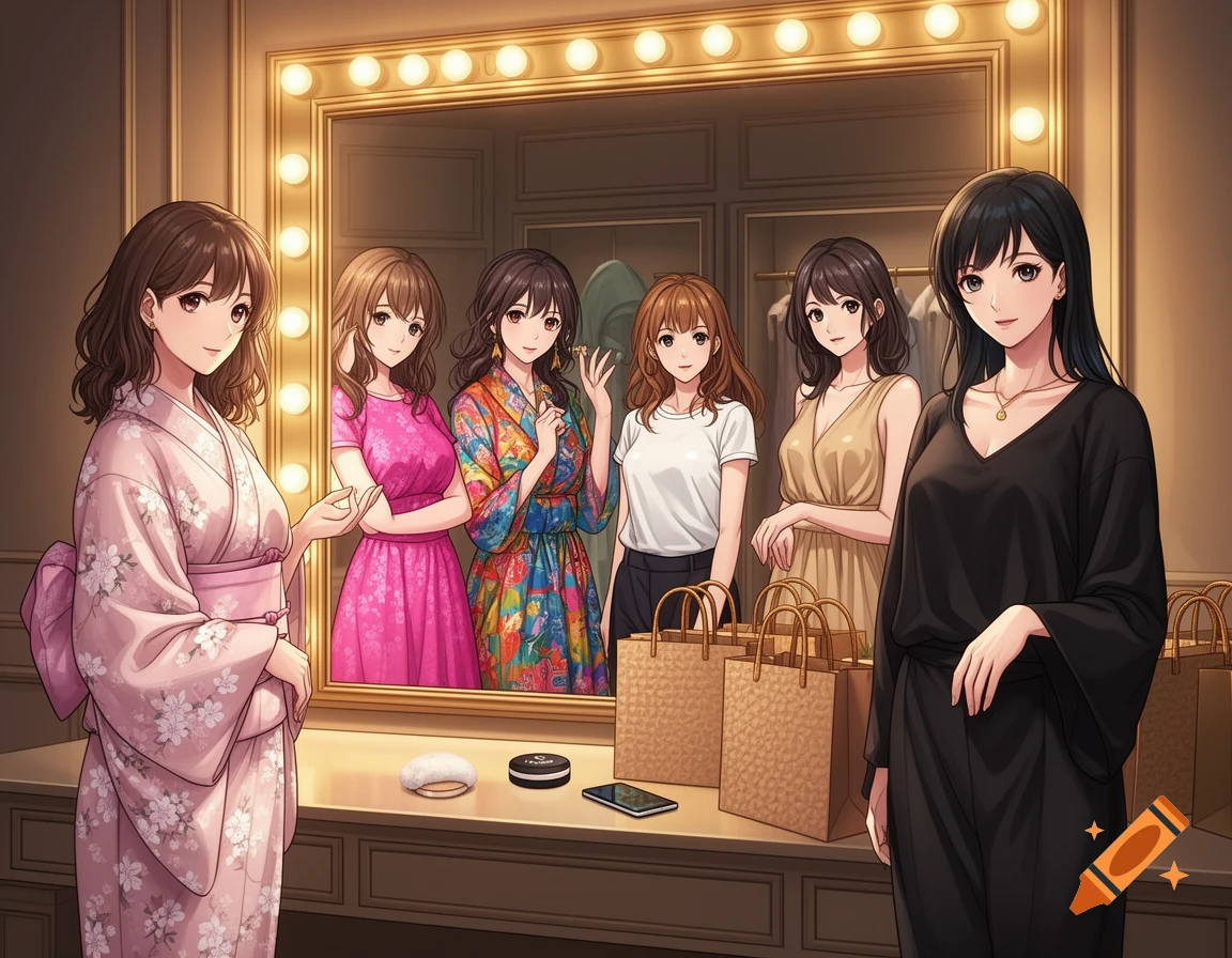 An anime scene of six young women in a dressing room with a large mirror. One woman in a pink kimono stands in the foreground, while five others are reflected in the mirror wearing various outfits and holding shopping bags.