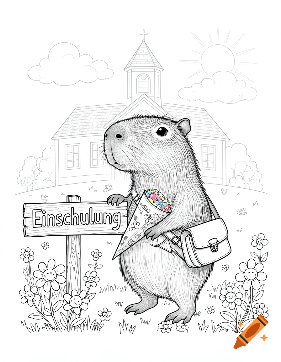 A capybara in a backpack with a school cone stands by a sign saying 'Einschulung' in front of a school, coloring page style.