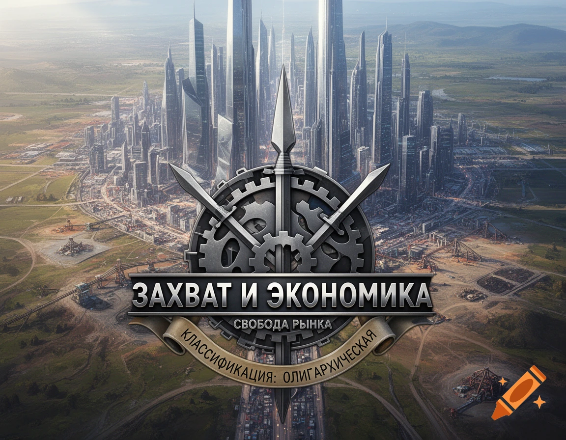 A dystopian futuristic city skyline under a bright sky, overlaid with a metallic emblem featuring a gear and spears, with Russian text about capture and economy.