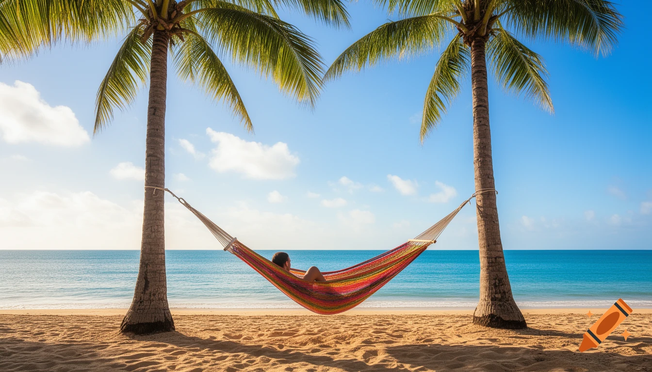 Person relaxing in a colorful hammock strung between two palm trees on a sandy beach with blue ocean and sky.