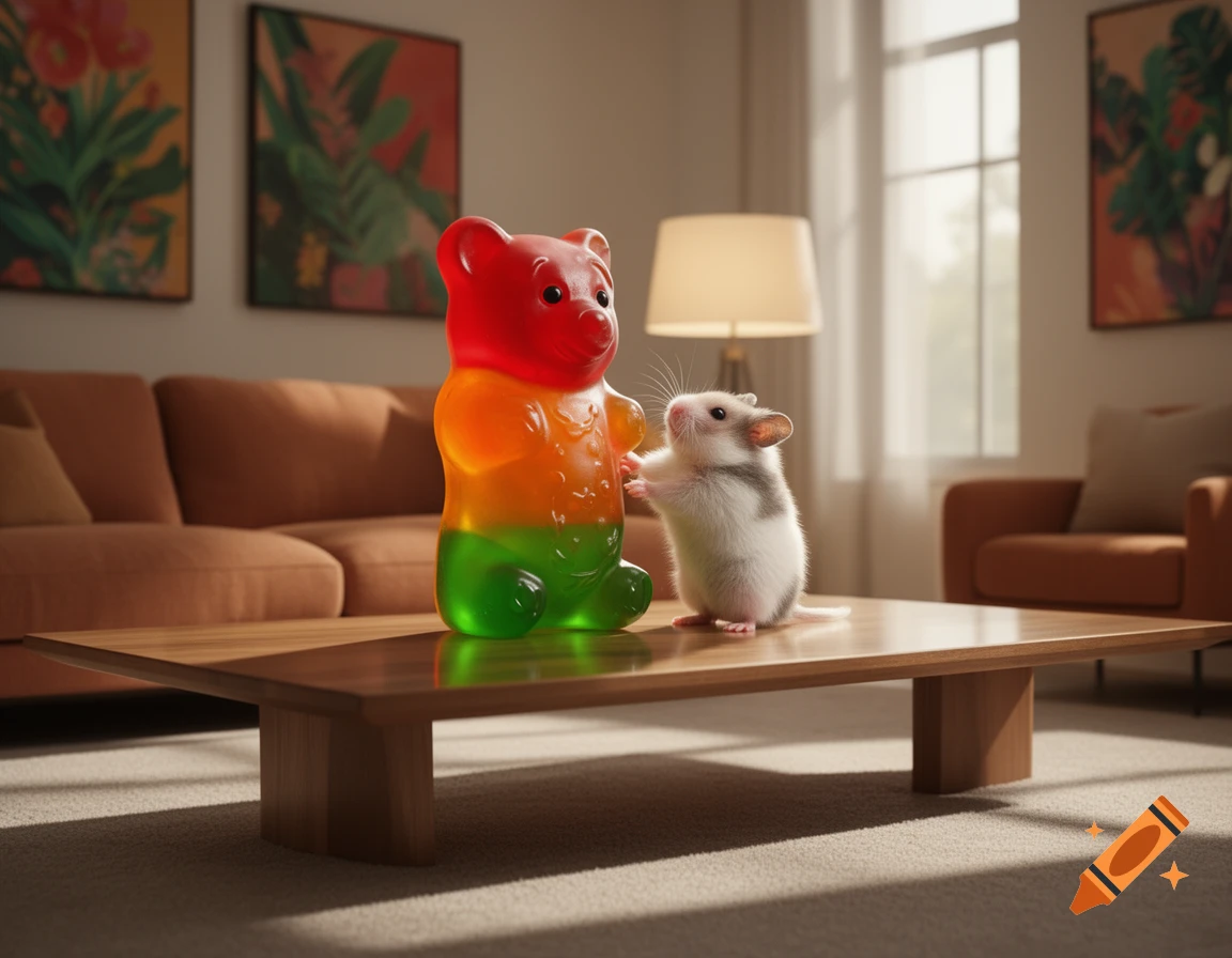 A small white hamster stands on a coffee table next to a large, colorful gummy bear in a cozy living room.