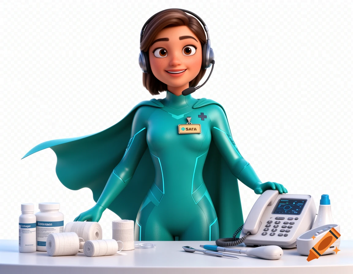 A smiling 3D cartoon superhero receptionist in a teal uniform with a cape, wearing a headset, stands at a desk with medical supplies, a phone, and collagen products.