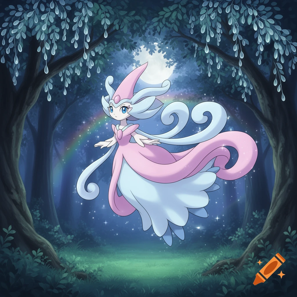 Hatterene floats in a mystical, dark forest with glowing trees, a rainbow, and a full moon in an anime style.