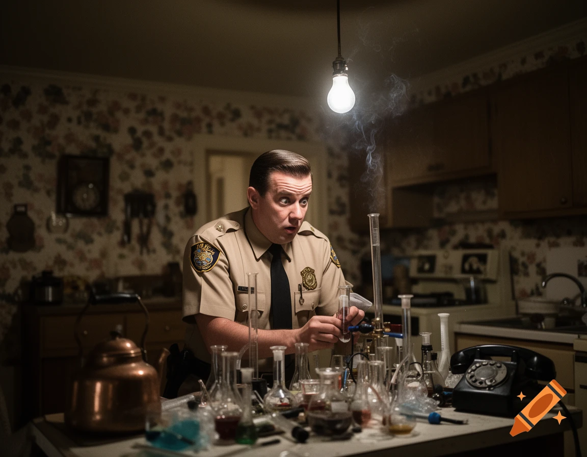A surprised sheriff's deputy works with chemistry equipment in a dimly lit kitchen with smoke rising from a beaker.