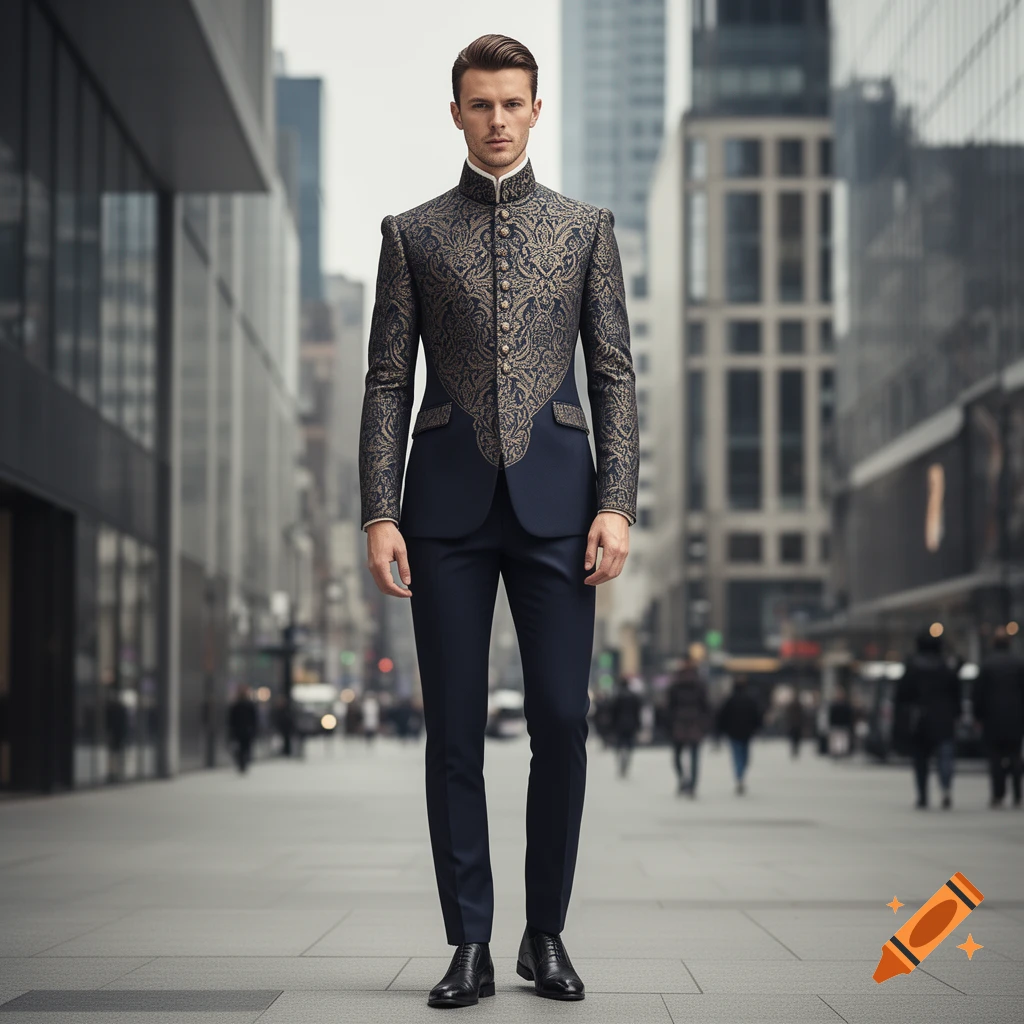 A man in a modernised aristocratic dark blue and gold patterned suit stands on a city street, photorealistic.