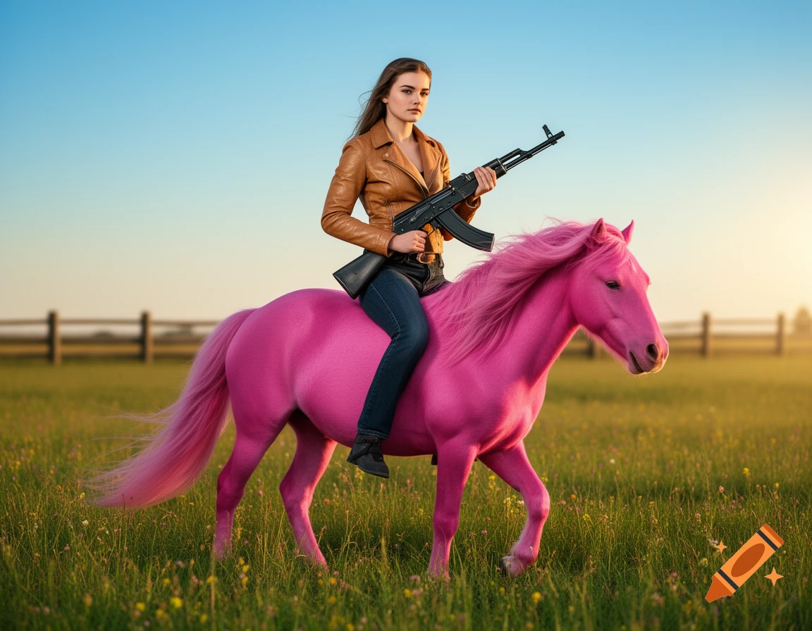 A woman in a brown leather jacket rides a bright pink pony through a grassy field, holding an AK-47 rifle.