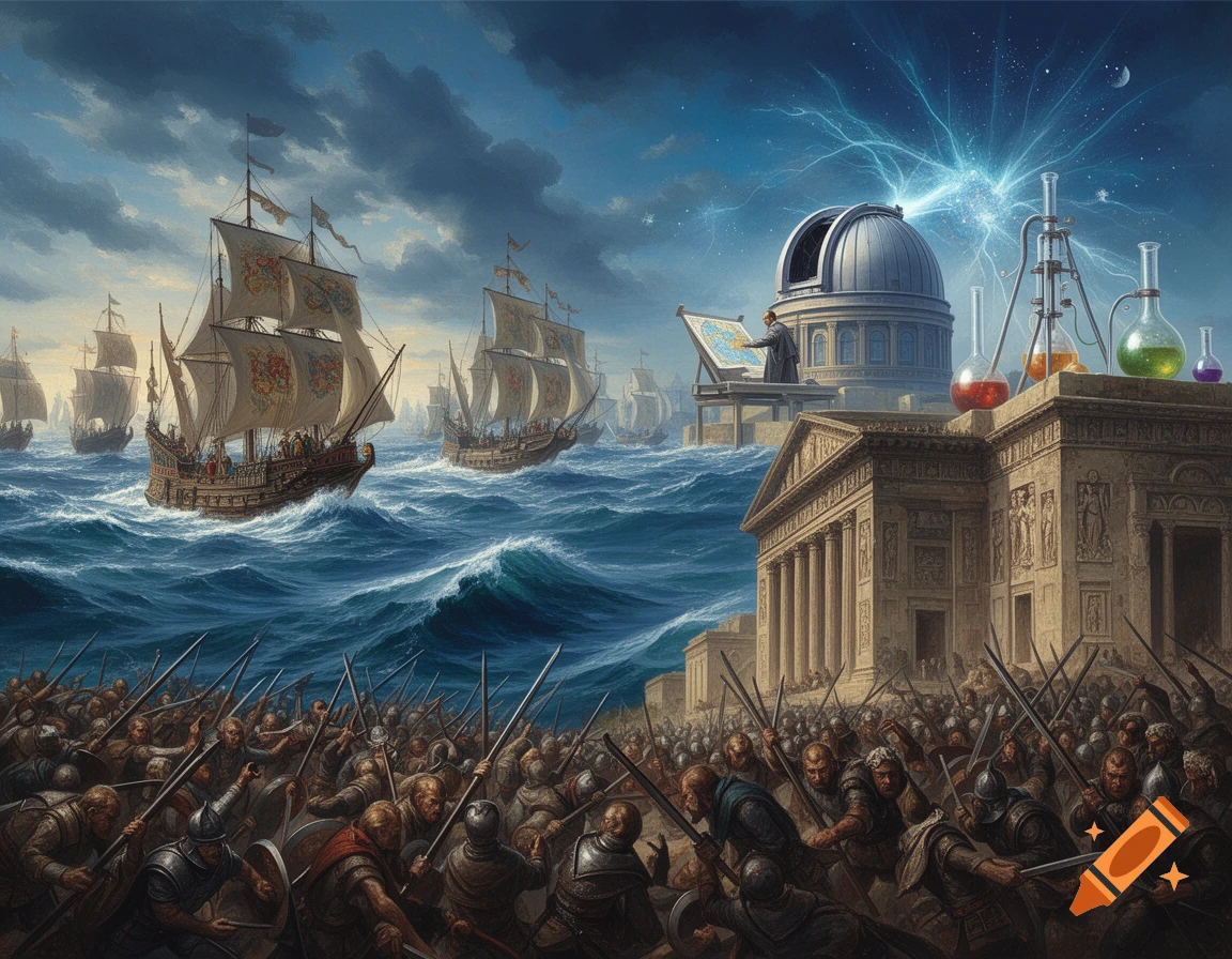 Epic scene with historical ships on a stormy sea, battling soldiers, classical architecture, and an observatory with glowing science experiments.