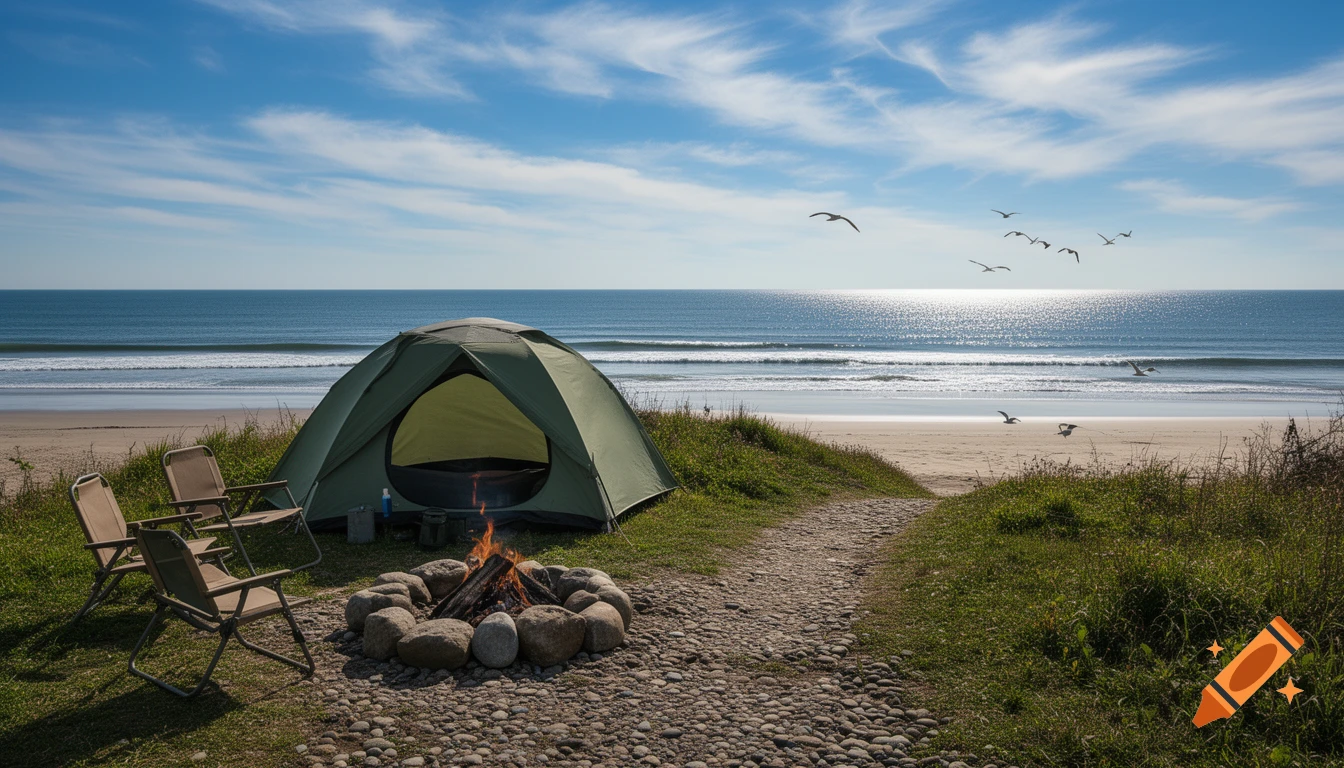 A green tent, campfire, and chairs on a grassy dune by a sandy beach, overlooking the ocean under a clear blue sky.