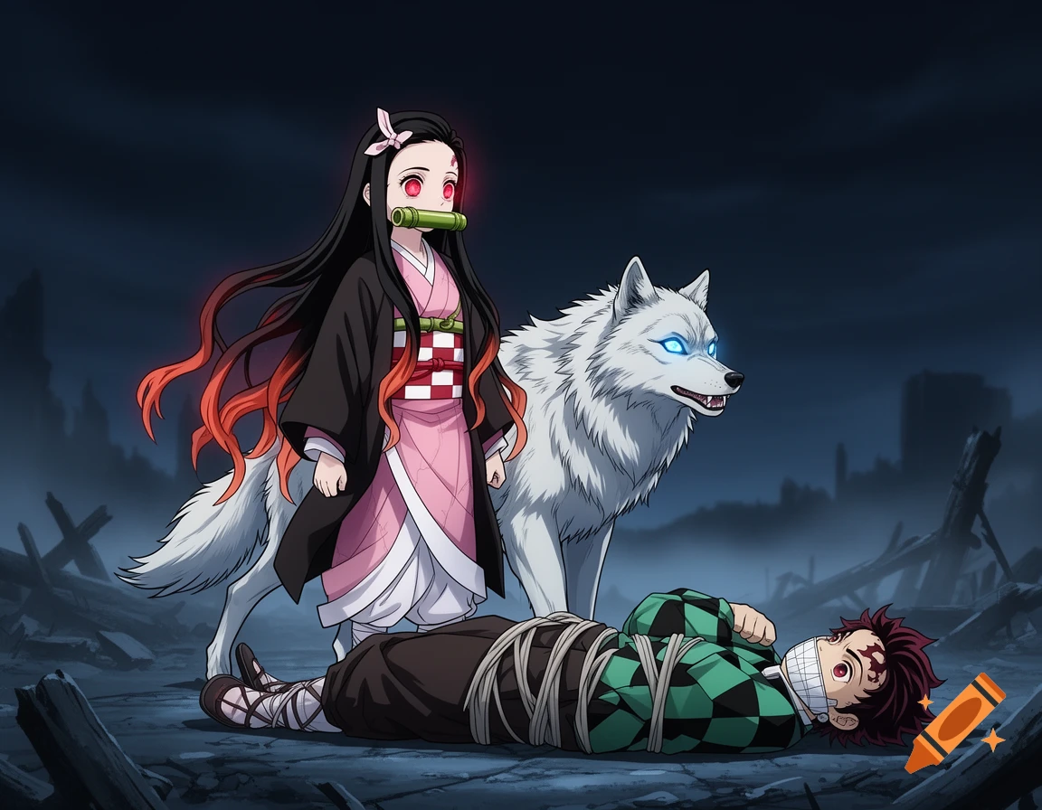 Anime character Nezuko with a bamboo muzzle and a glowing white wolf stand over a bound and gagged Tanjiro in a dark, ruined landscape.