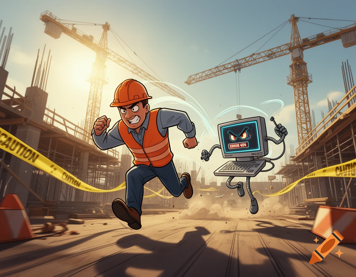 A cartoon construction worker with an orange hard hat and vest frantically runs from an angry computer chasing him on a construction site.